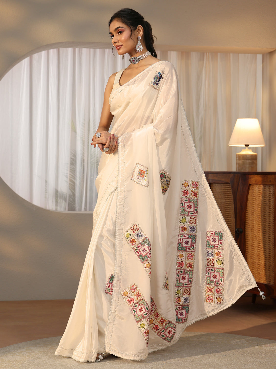  Libas Cream Satin Saree with Applique Design 