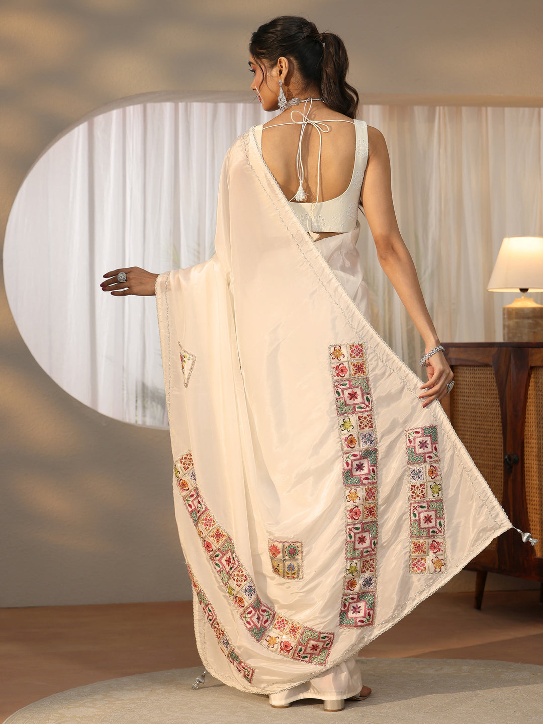  Libas Cream Satin Saree with Applique Design 