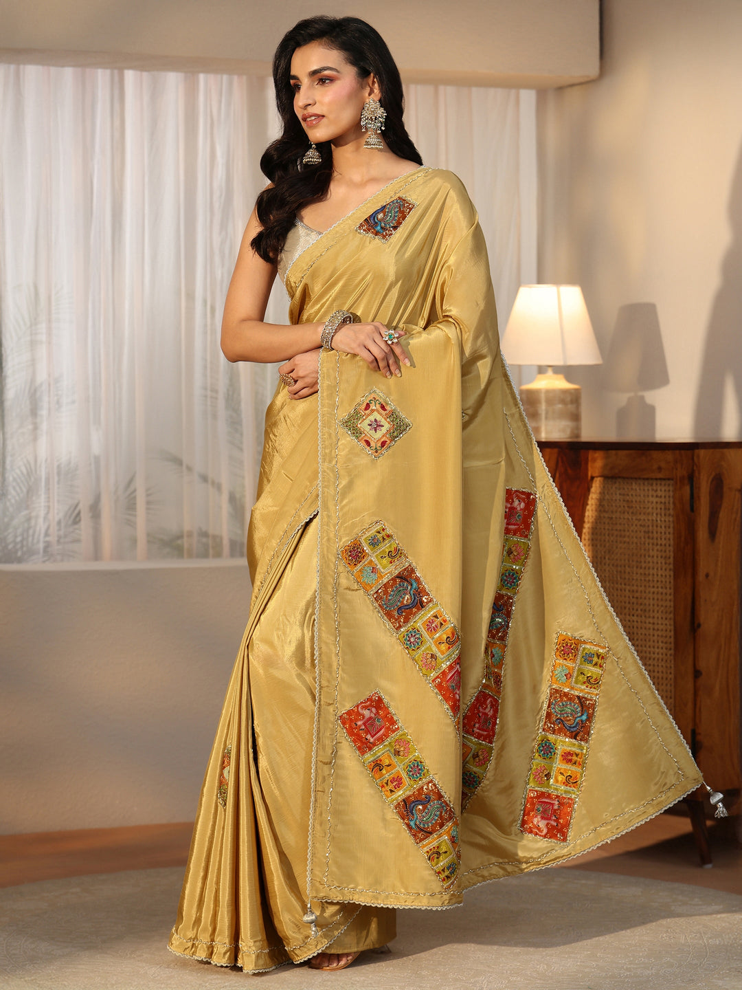  Libas Antique Yellow Satin Saree with Applique Design 