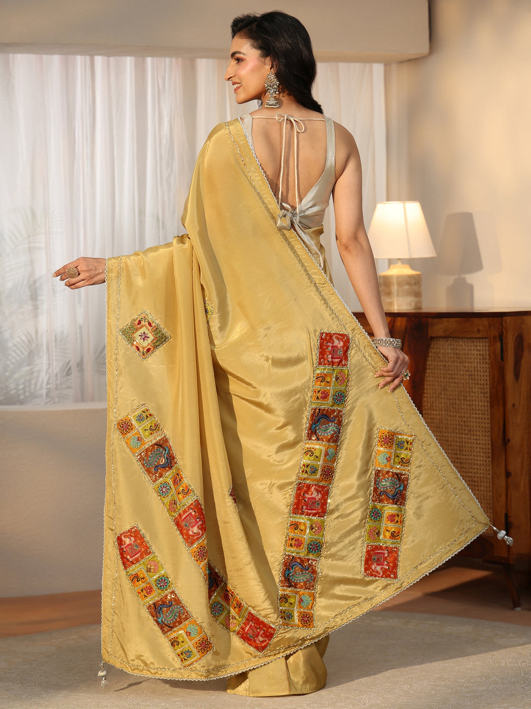  Libas Antique Yellow Satin Saree with Applique Design 