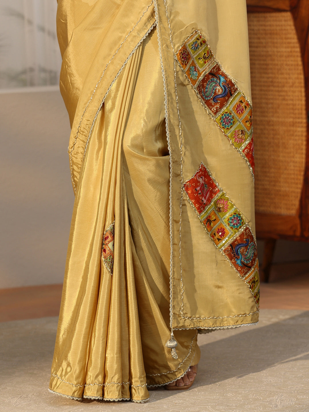 Libas Antique Yellow Satin Saree with Applique Design 
