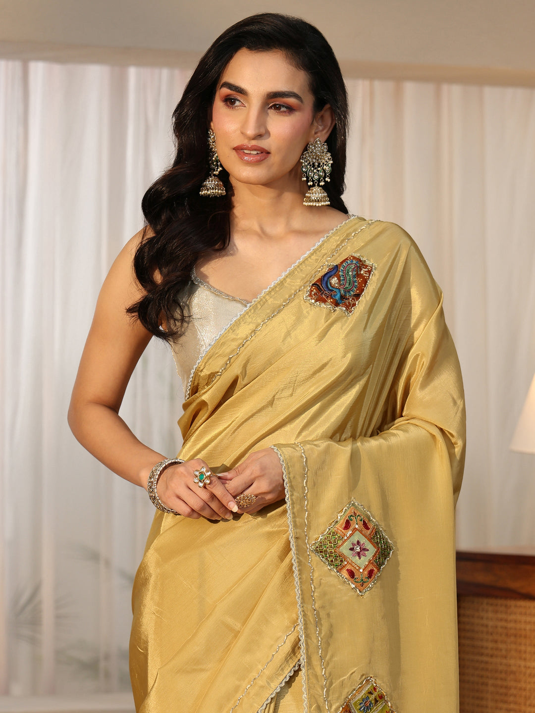  Libas Antique Yellow Satin Saree with Applique Design 