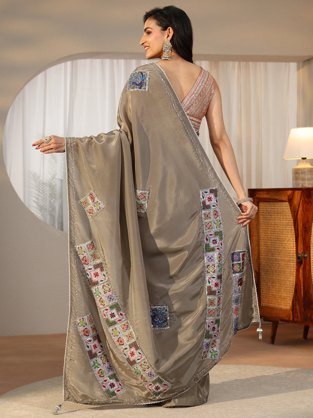  Libas Taupe Grey Satin Saree with Applique Design 
