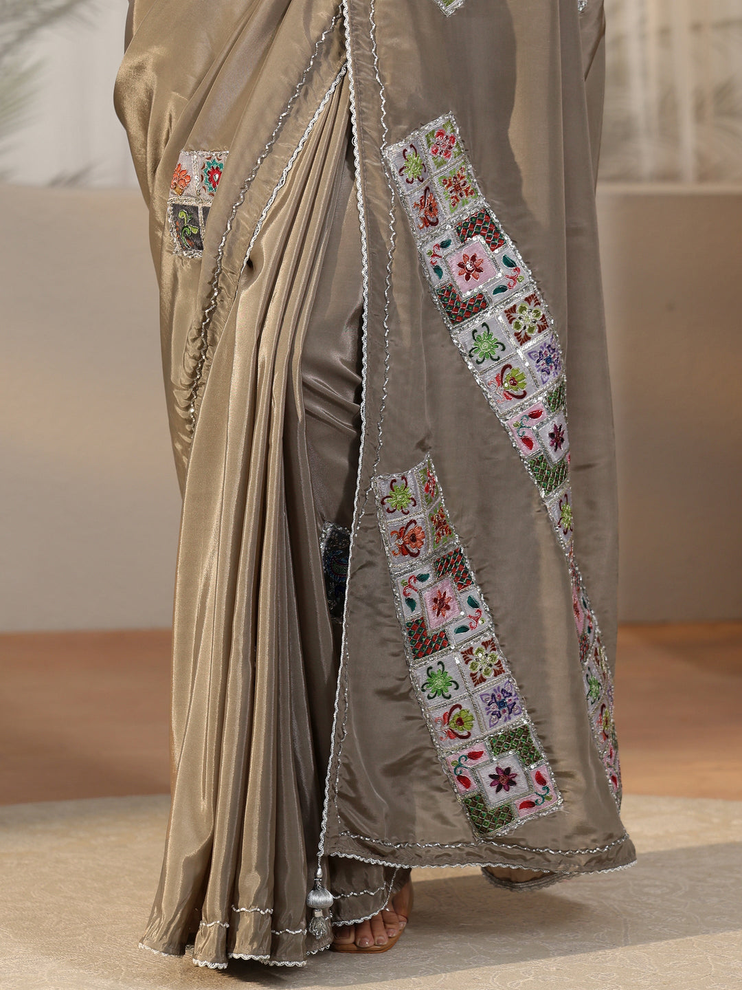  Libas Taupe Grey Satin Saree with Applique Design 