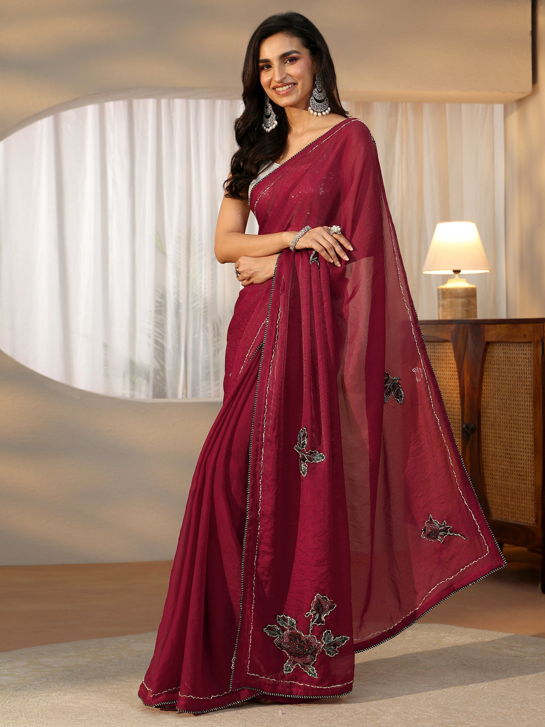  Libas Wine Red Floral Applique Design Satin Saree 