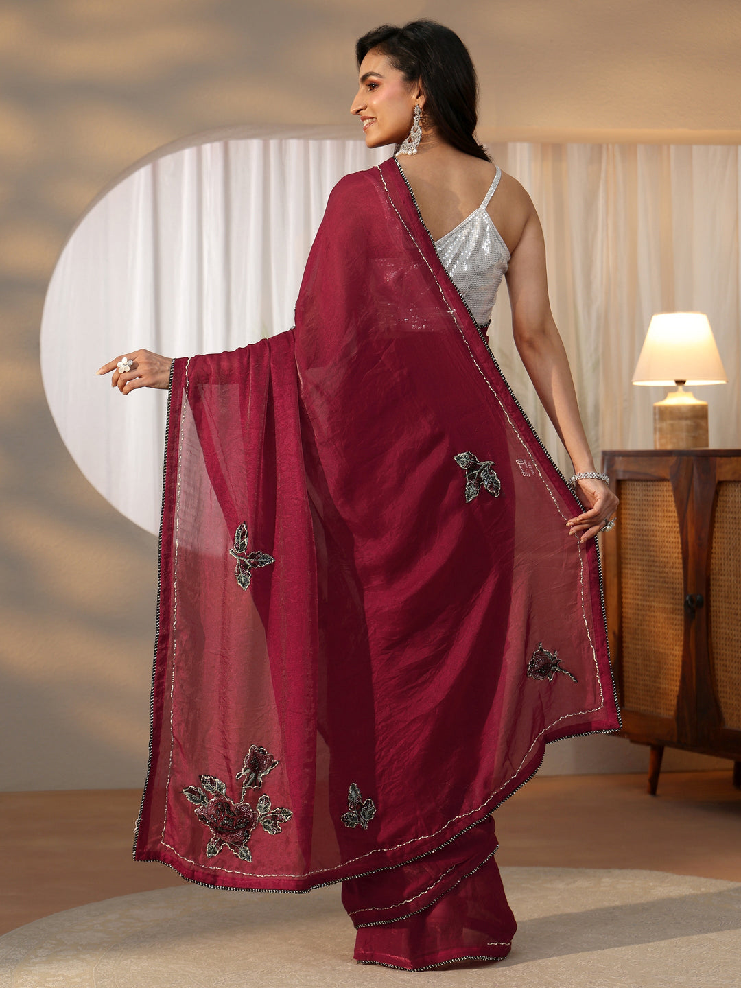  Libas Wine Red Floral Applique Design Satin Saree 