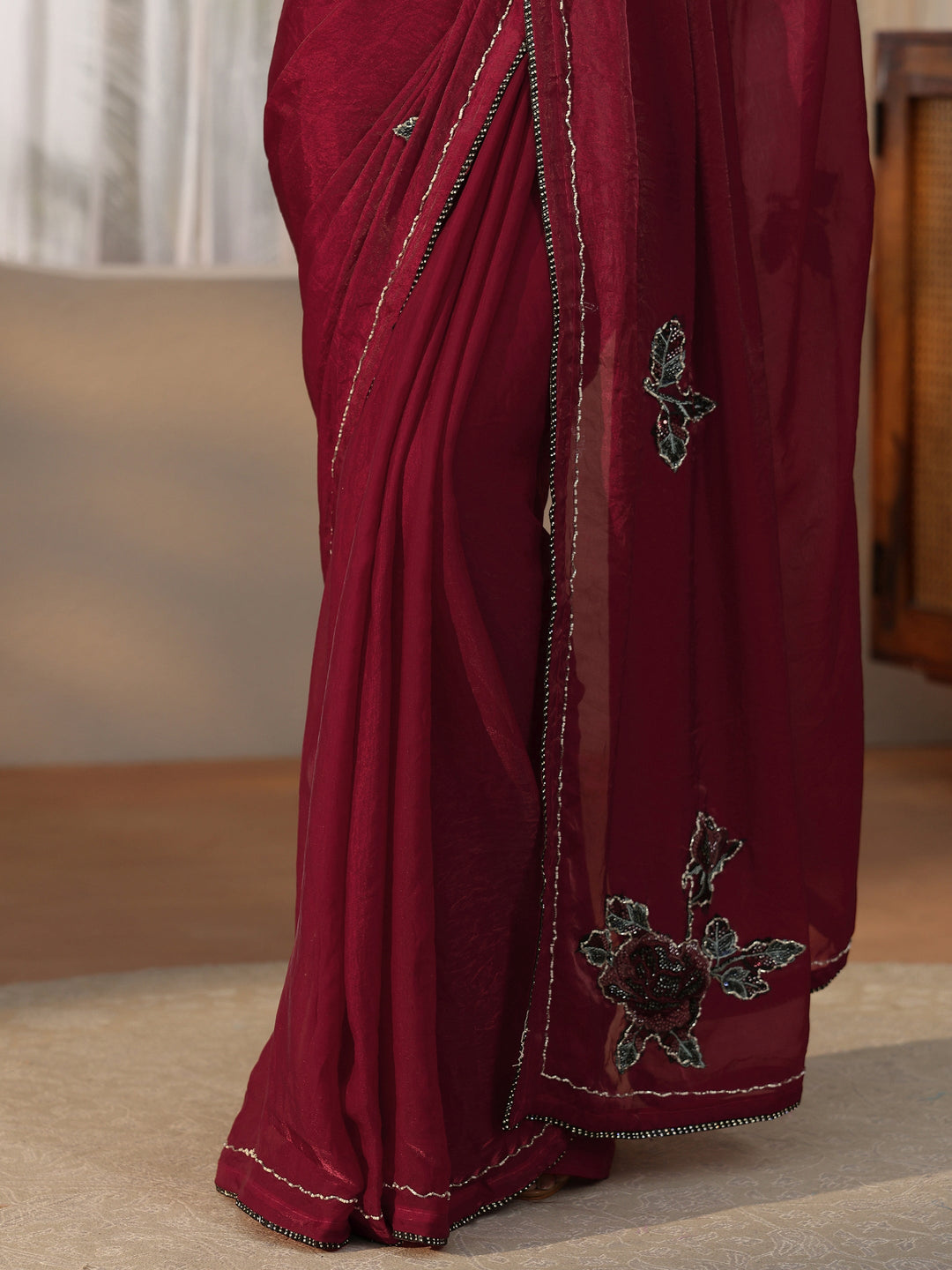  Libas Wine Red Floral Applique Design Satin Saree 