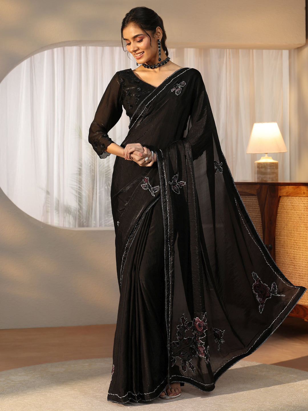  Libas Black Floral Applique Design Satin Saree 