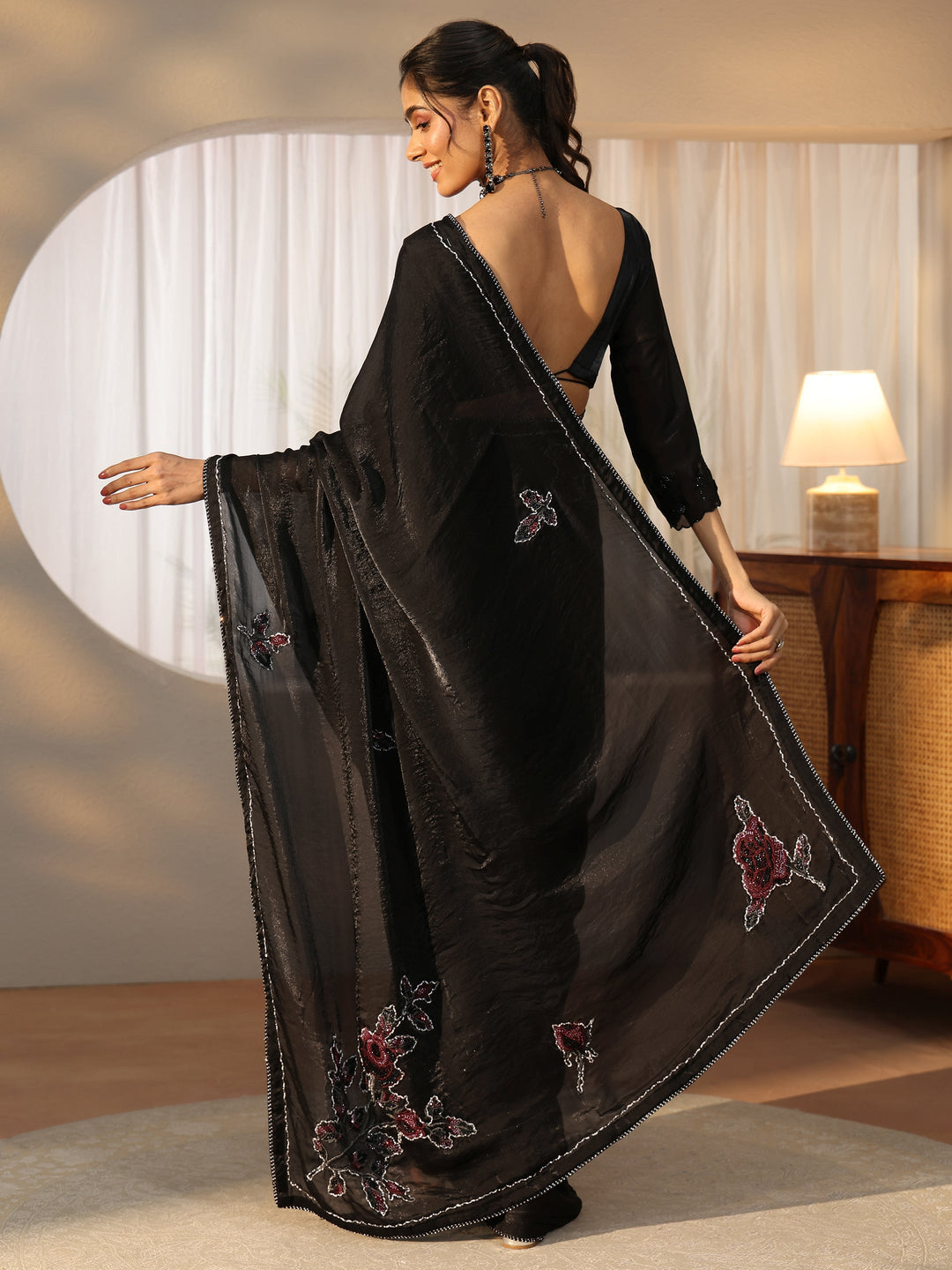  Libas Black Floral Applique Design Satin Saree 