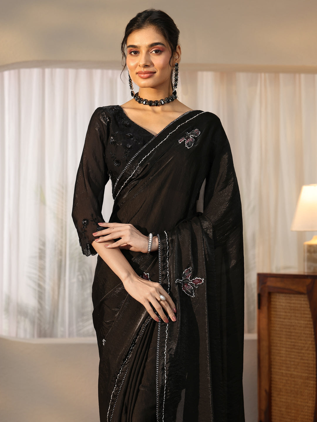  Libas Black Floral Applique Design Satin Saree 