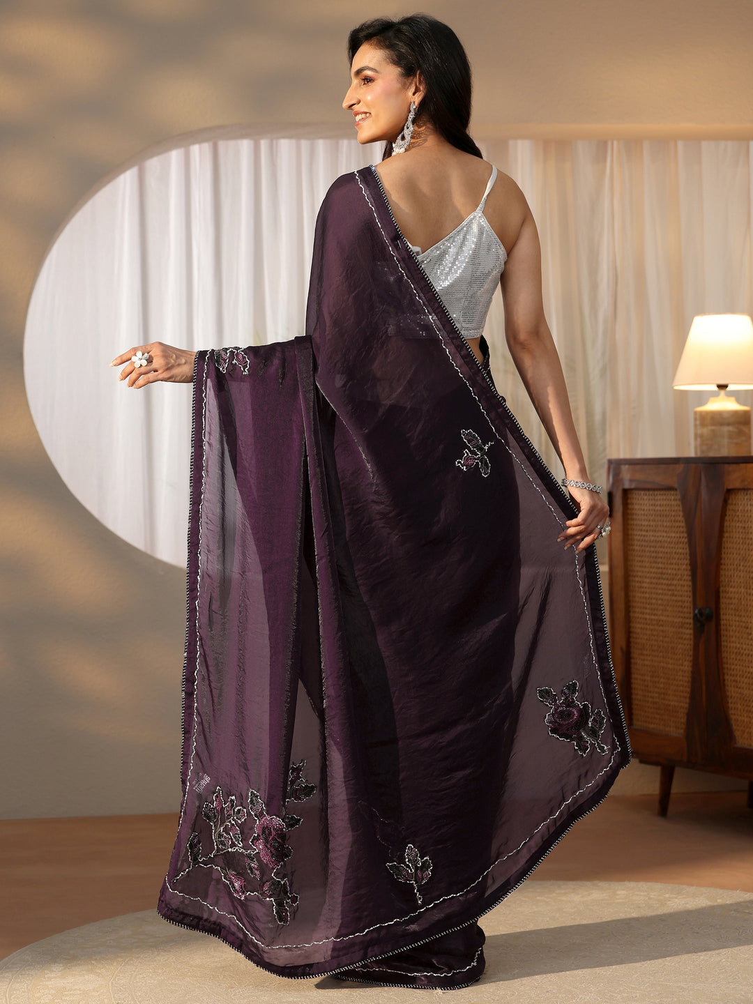  Libas Wine Floral Embellished Satin Saree 