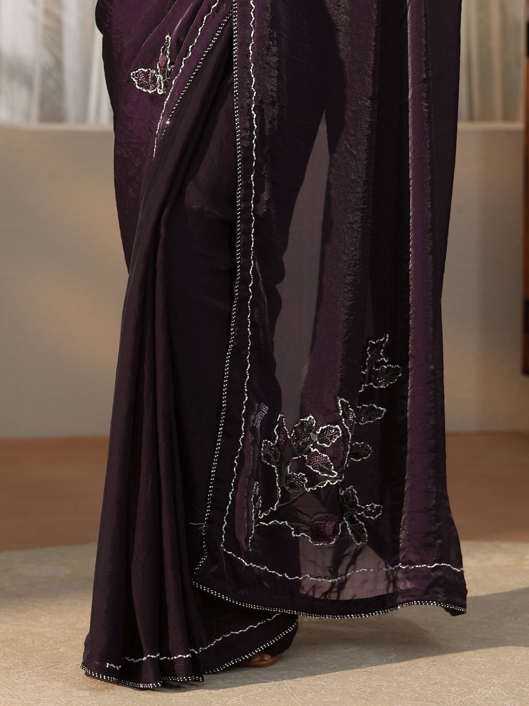  Libas Wine Floral Embellished Satin Saree 
