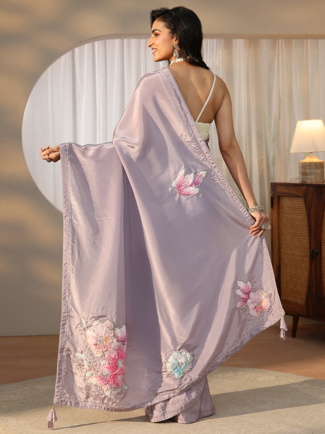  Libas Lavender Floral Applique Design Satin Saree 