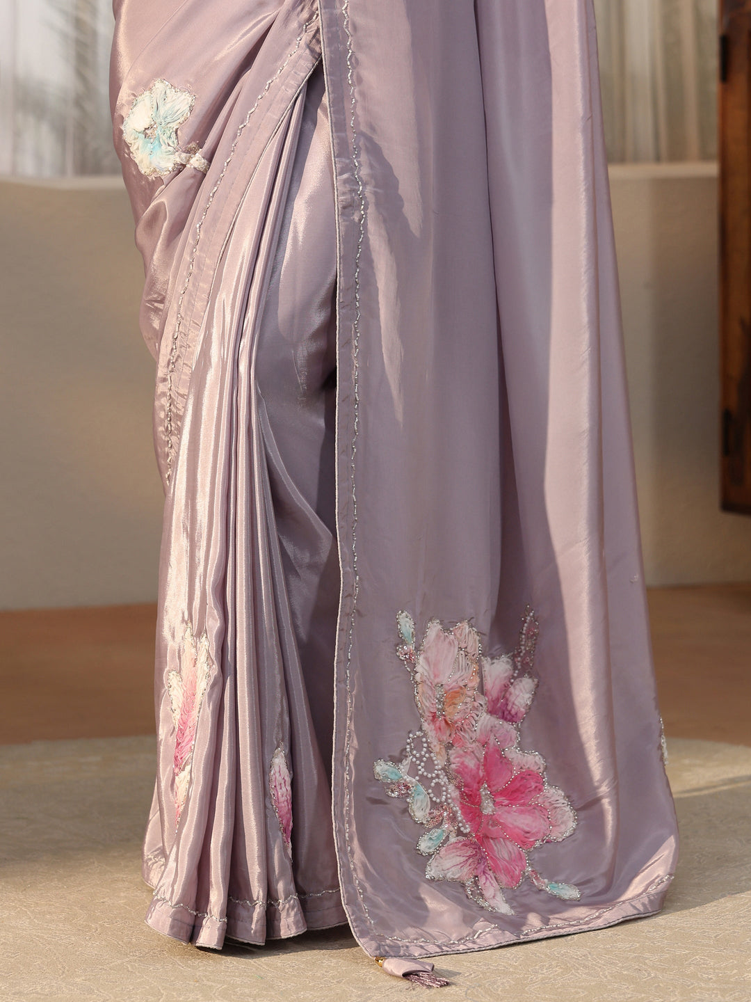  Libas Lavender Floral Applique Design Satin Saree 