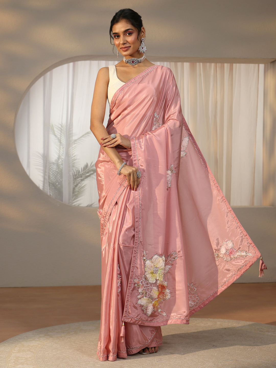  Libas Rose Pink Floral Applique Design Satin Saree 