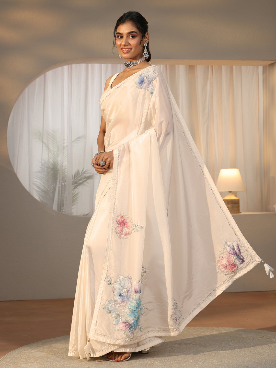  Libas Cream Floral Applique Design Satin Saree 