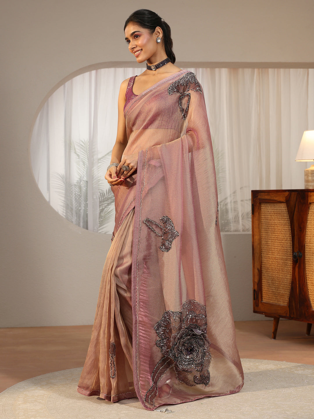  Libas Art Libas Art Mauve Sequined Floral Applique Tissue Saree 