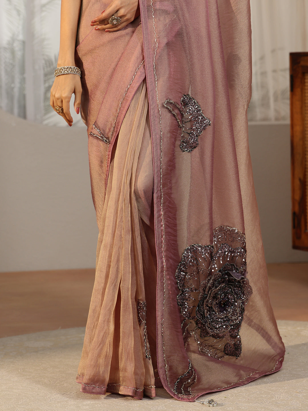  Libas Art Libas Art Mauve Sequined Floral Applique Tissue Saree 