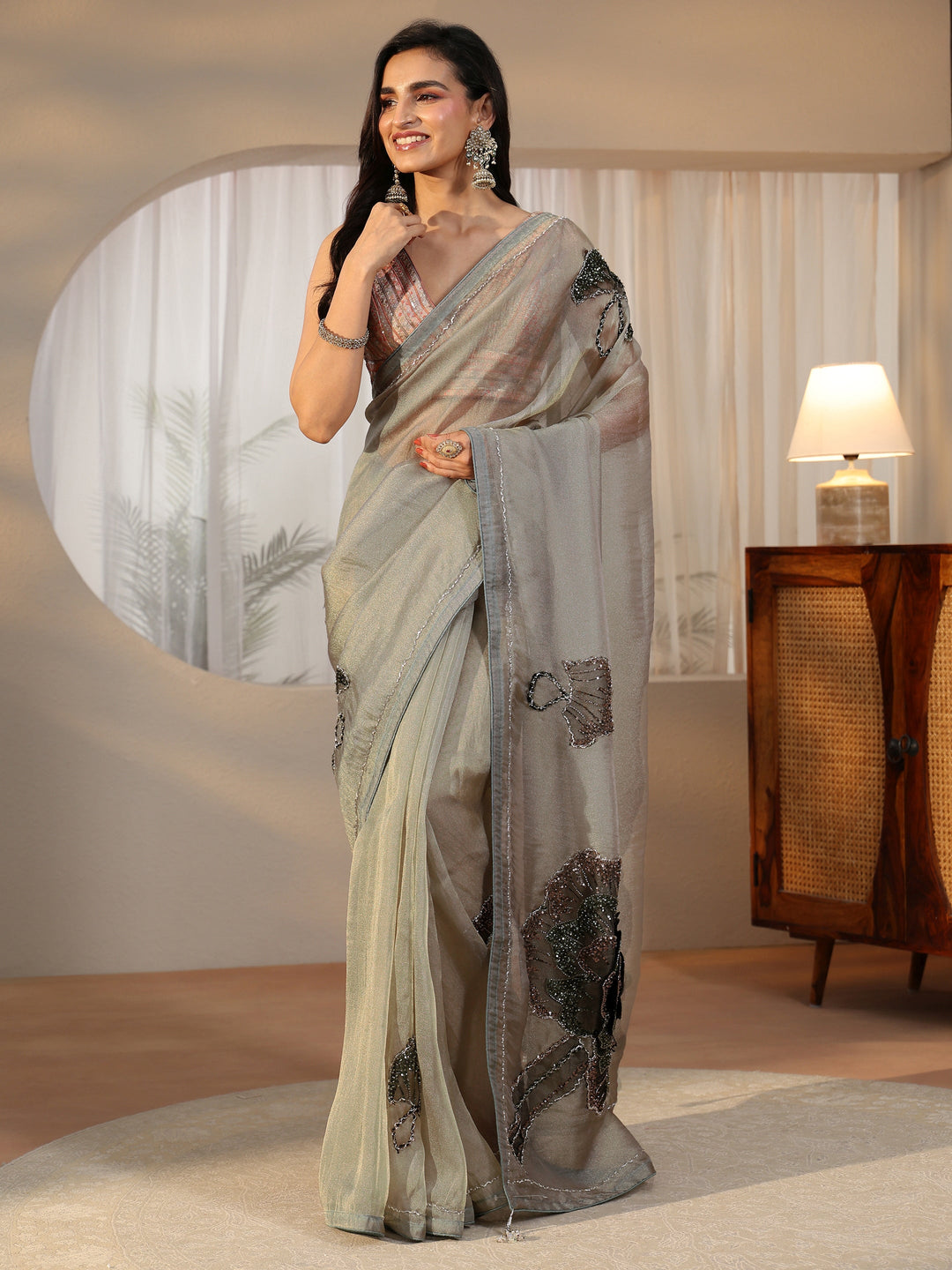  Libas Art Libas Art Blue Sequined Floral Applique Tissue Saree 