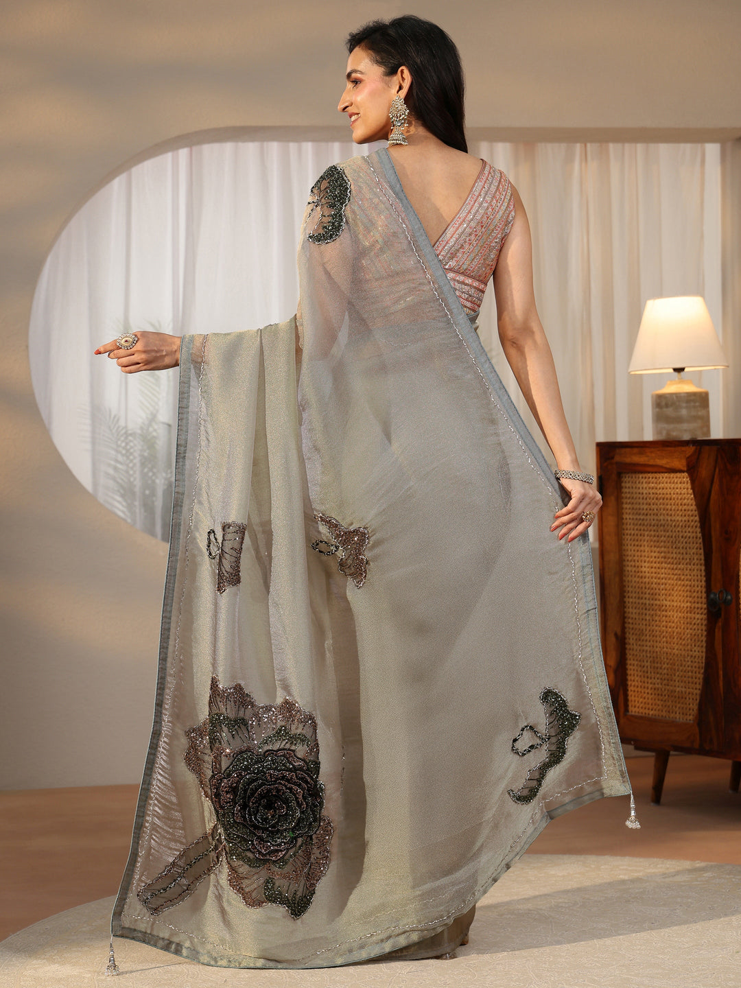  Libas Art Libas Art Blue Sequined Floral Applique Tissue Saree 