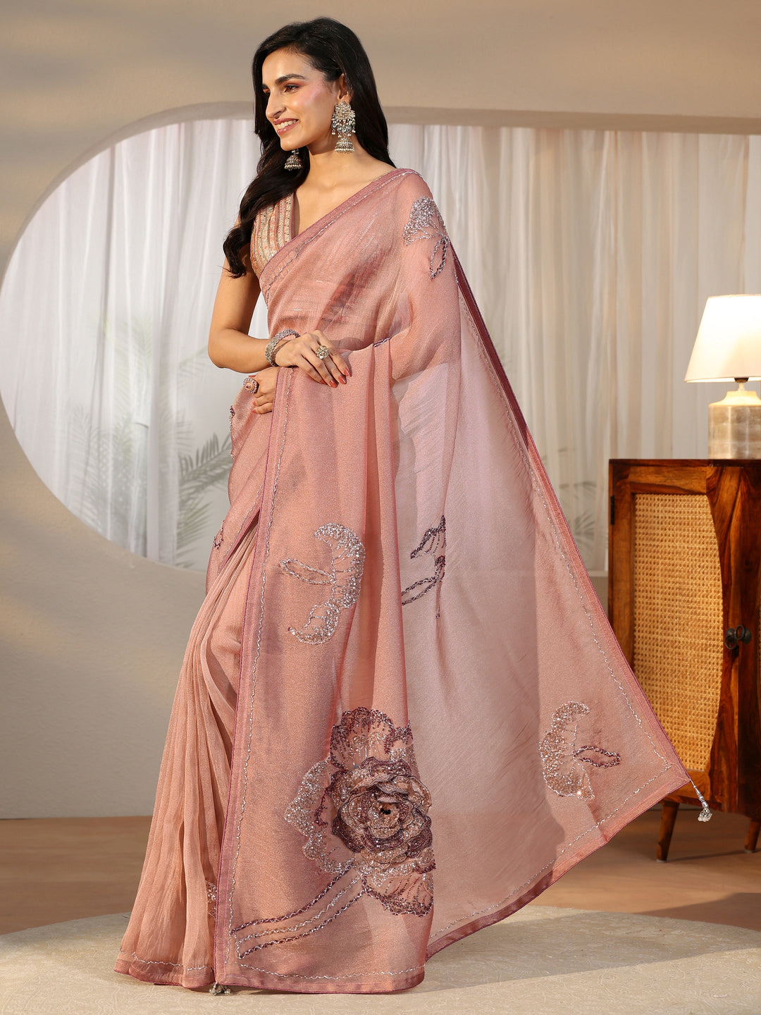  Libas Art Libas Art Peach Pink Sequined Floral Applique Tissue Saree 