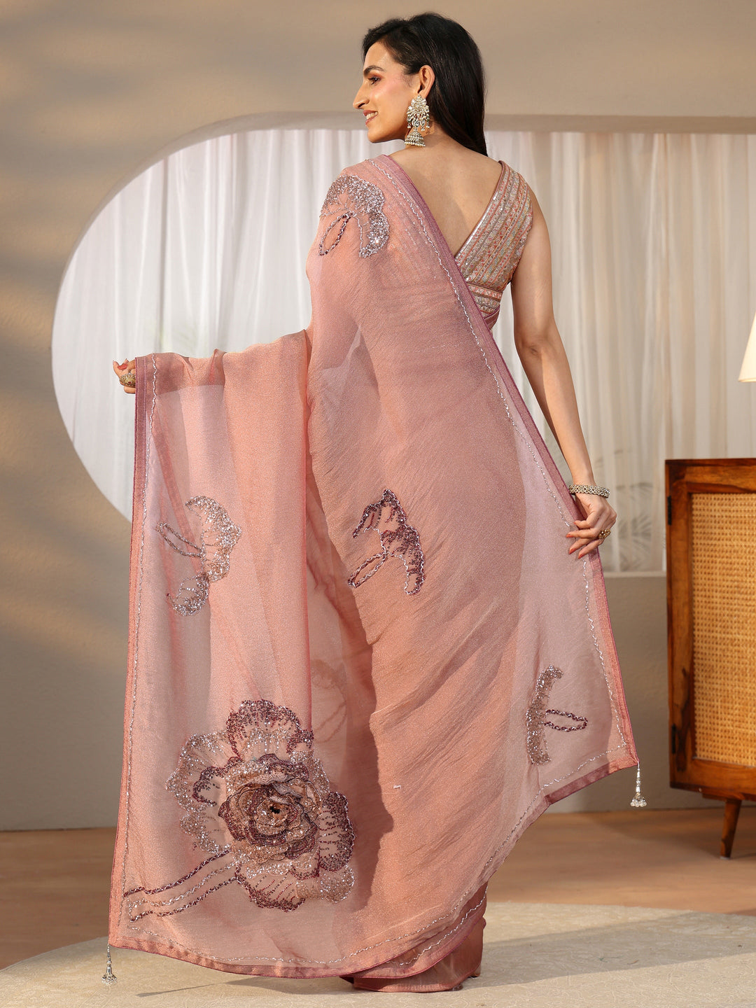  Libas Art Libas Art Peach Pink Sequined Floral Applique Tissue Saree 