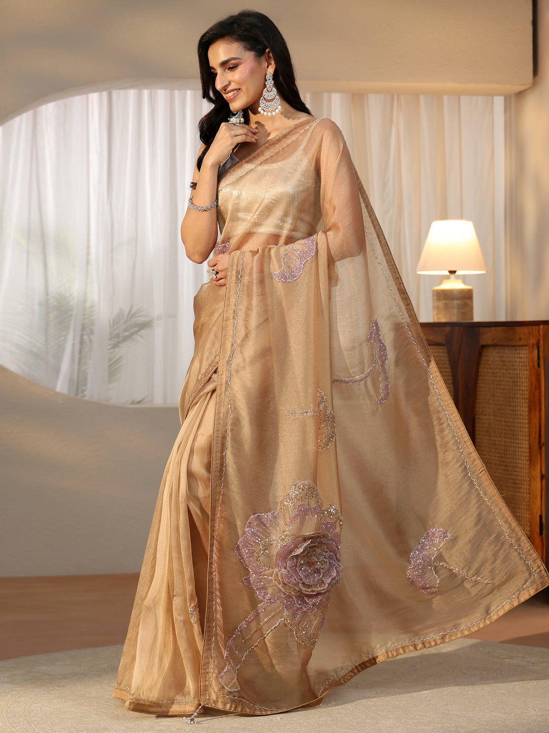  Libas Art Libas Art Gold Sequined Floral Applique Tissue Saree 