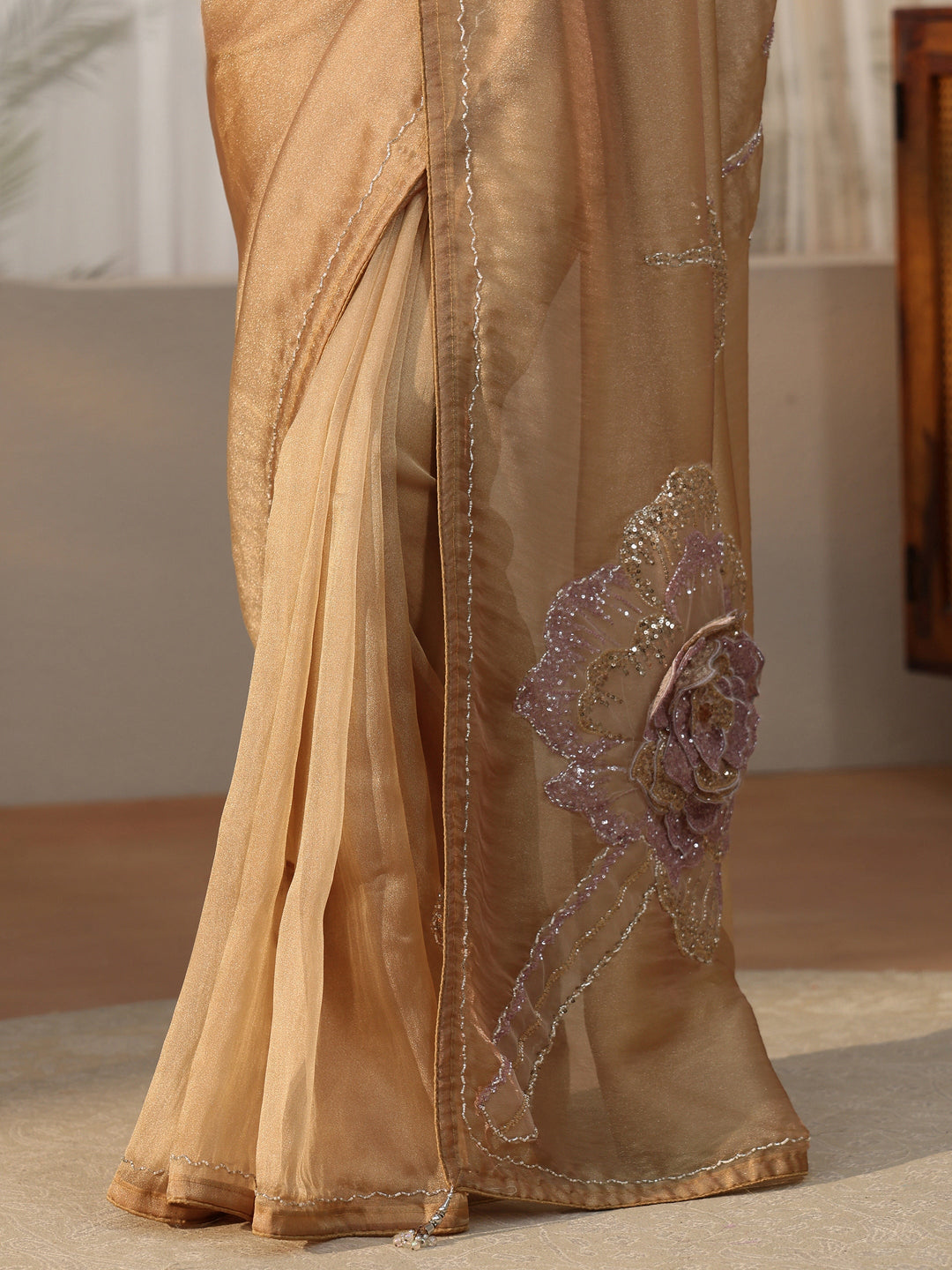  Libas Art Libas Art Gold Sequined Floral Applique Tissue Saree 