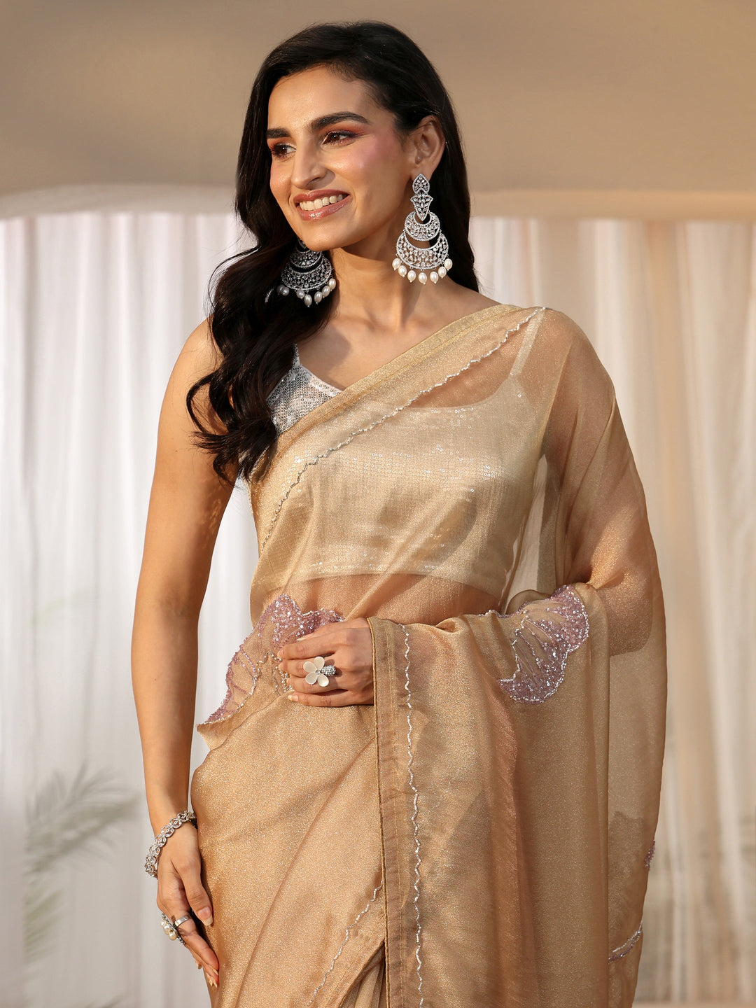  Libas Art Libas Art Gold Sequined Floral Applique Tissue Saree 