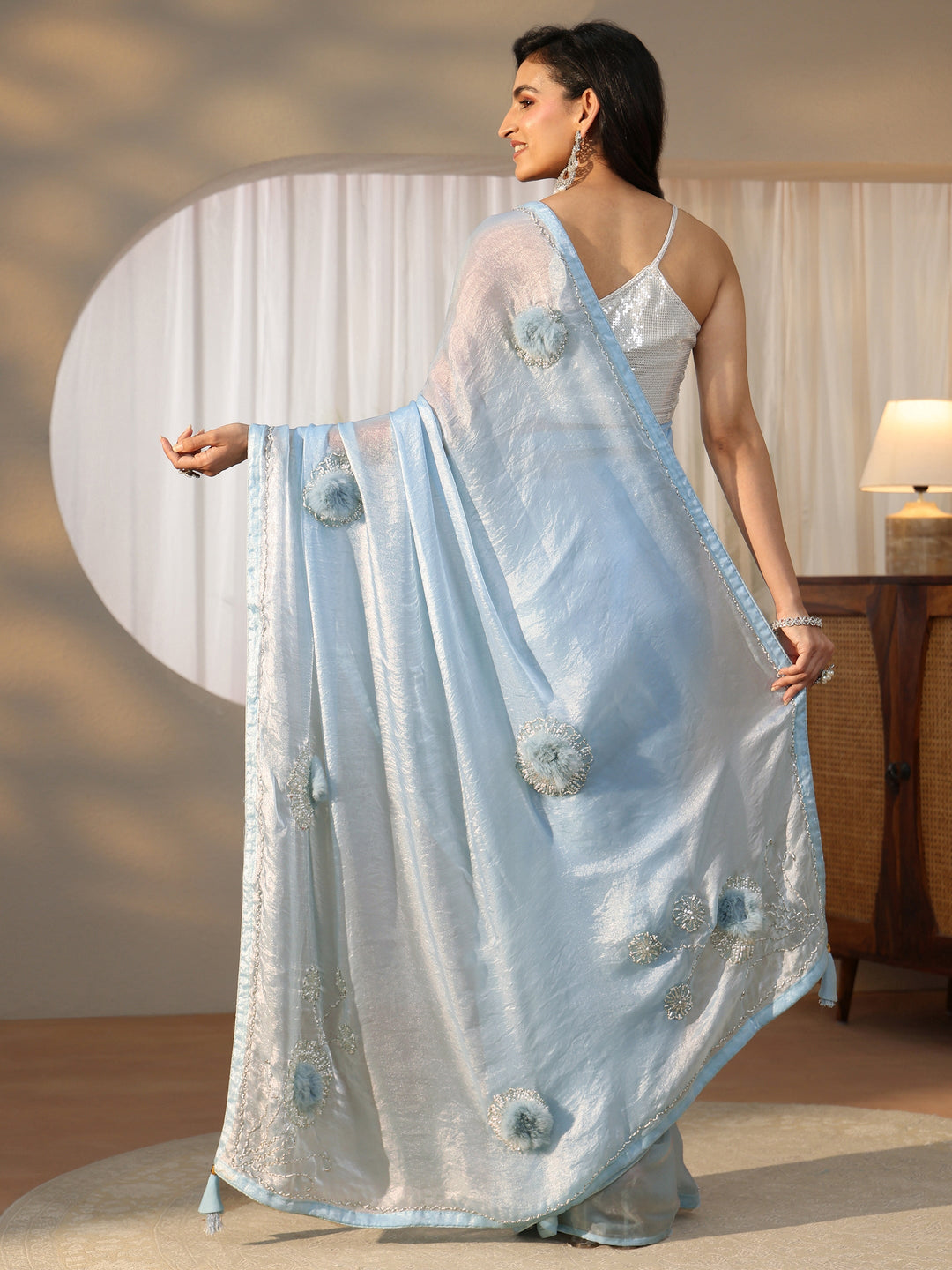  Libas Icy Blue 3D Beaded Applique Tissue Saree 