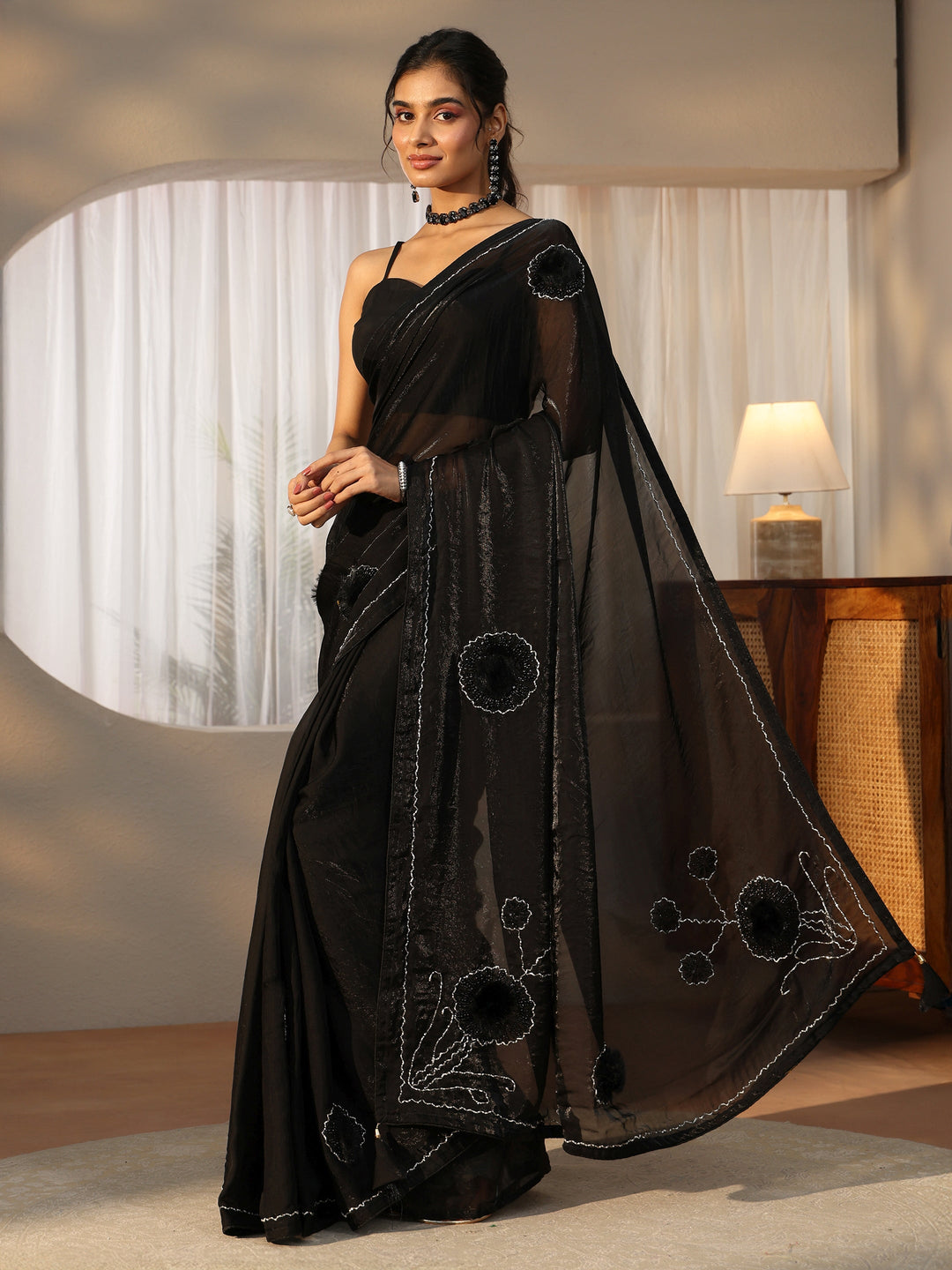  Libas Black 3D Beaded Applique Tissue Saree 