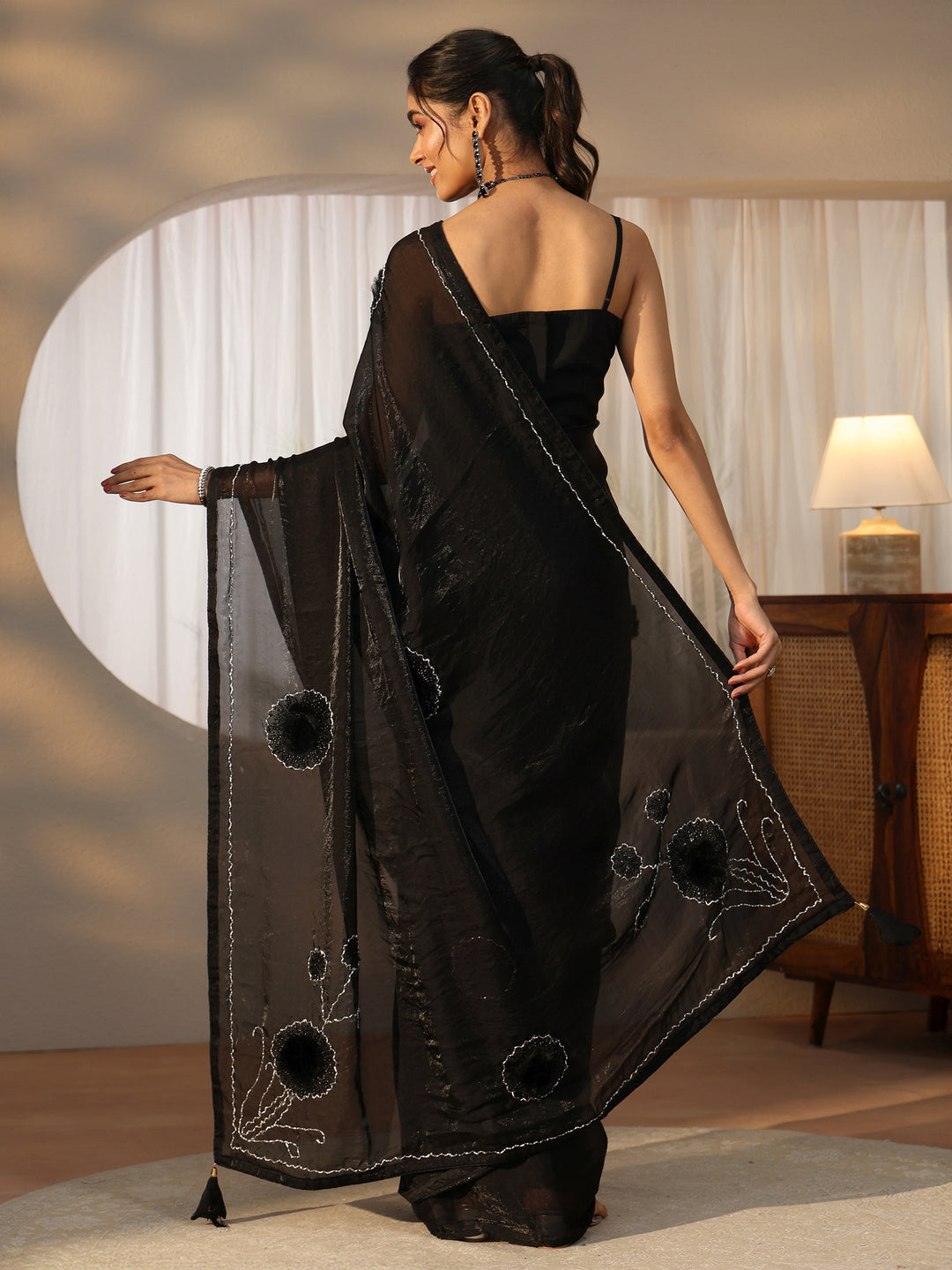  Libas Black 3D Beaded Applique Tissue Saree 