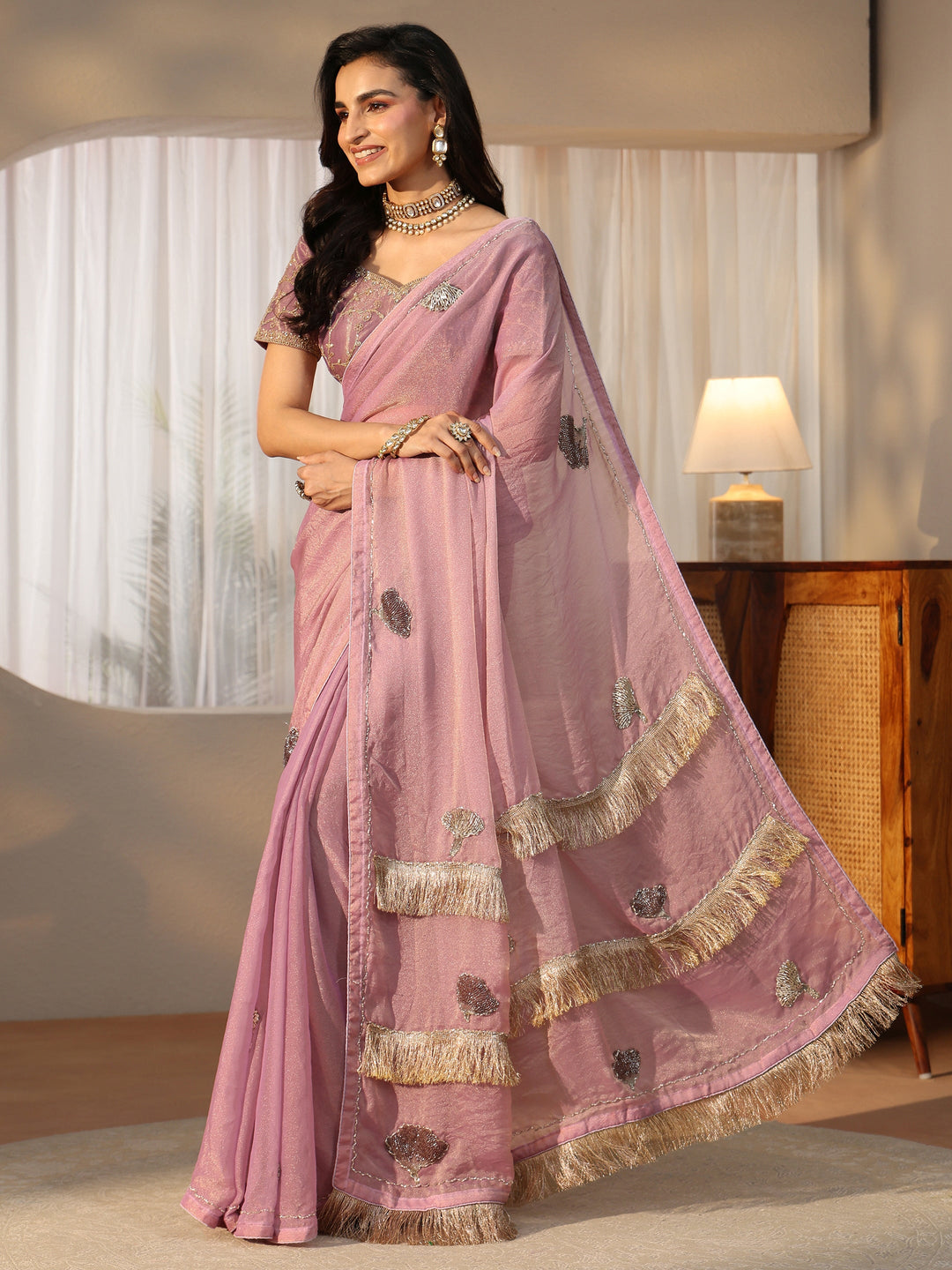  Libas Lilac Tissue Saree with Tassel Embellished Pallu 