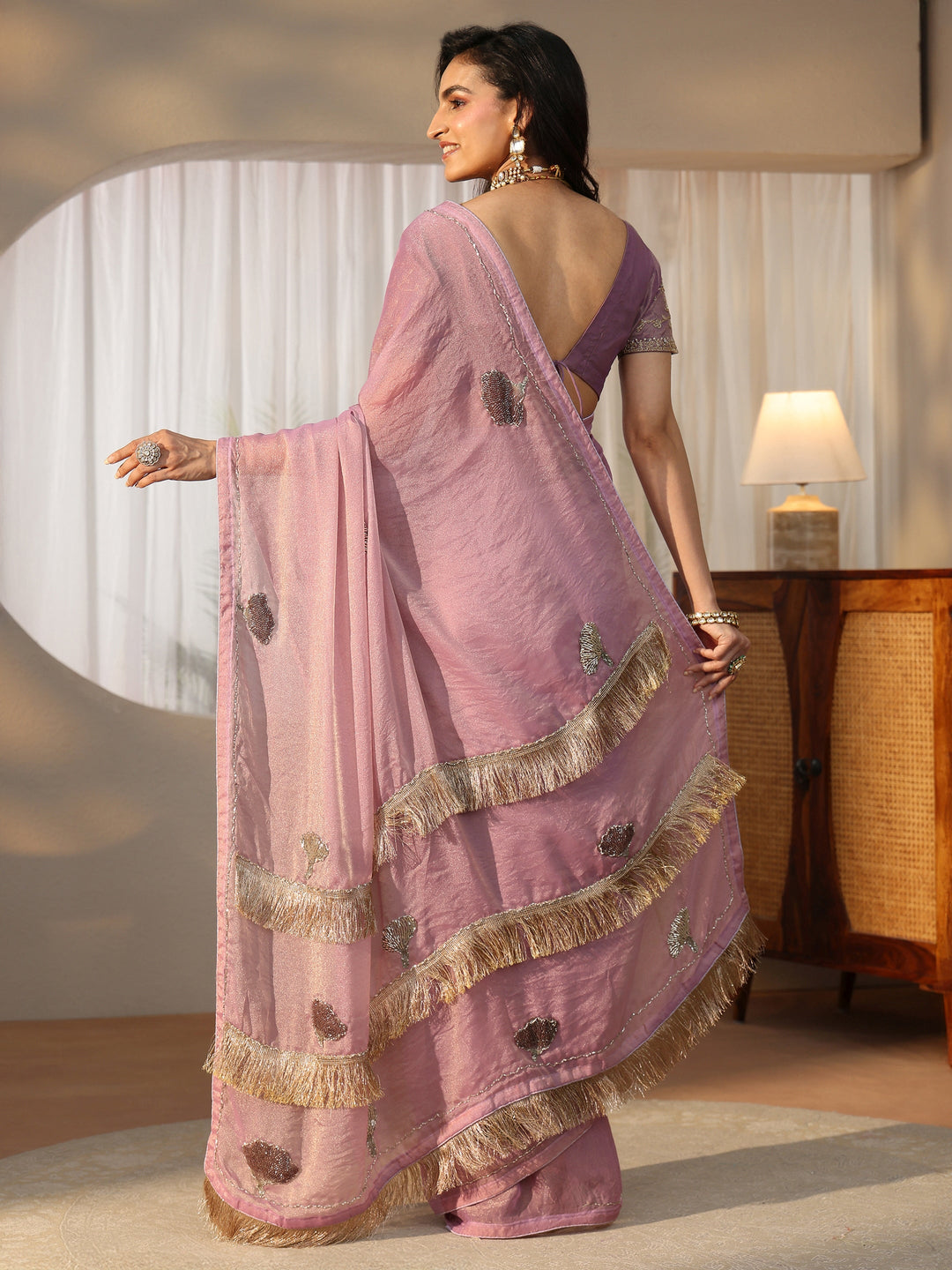  Libas Lilac Tissue Saree with Tassel Embellished Pallu 