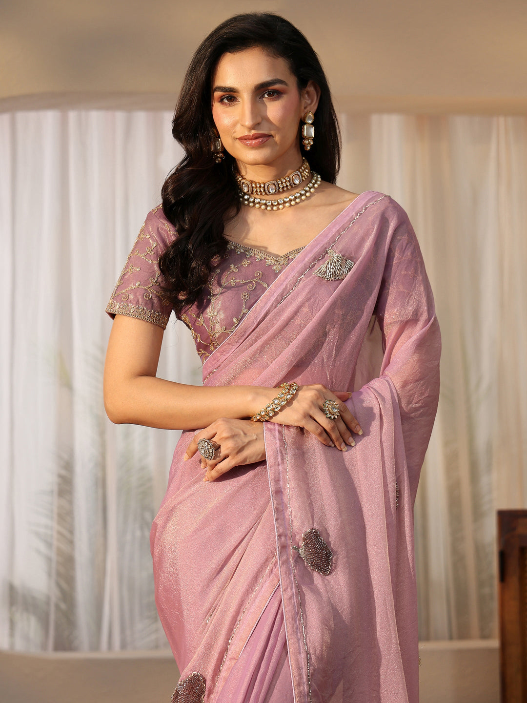  Libas Lilac Tissue Saree with Tassel Embellished Pallu 