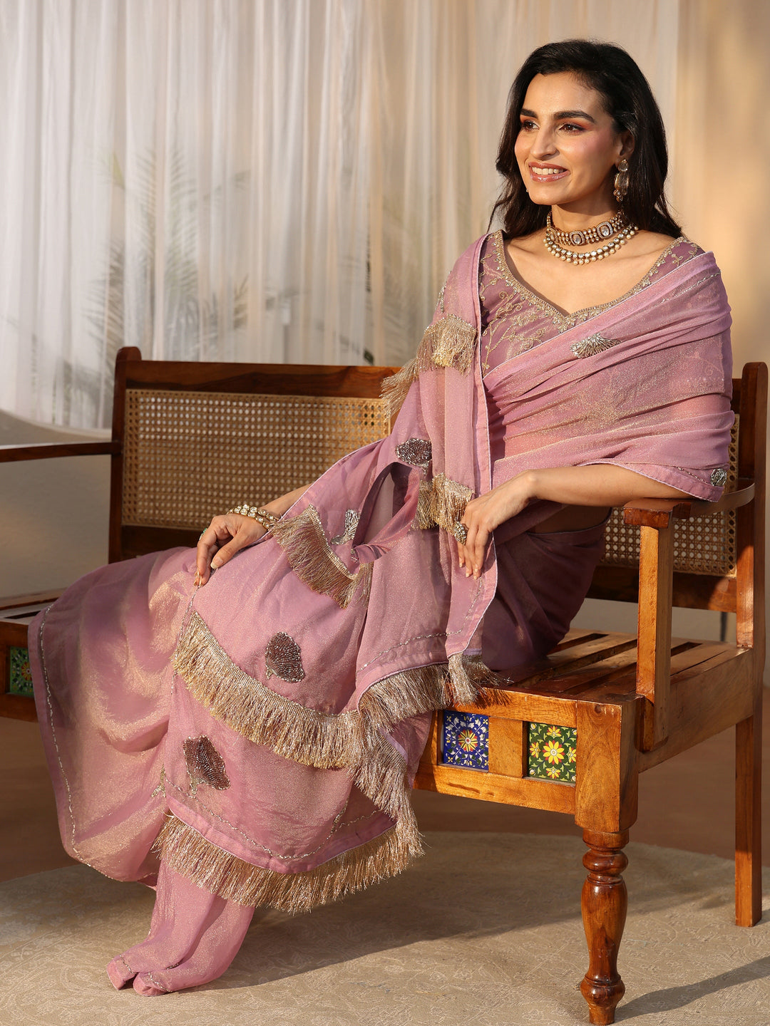  Libas Lilac Tissue Saree with Tassel Embellished Pallu 