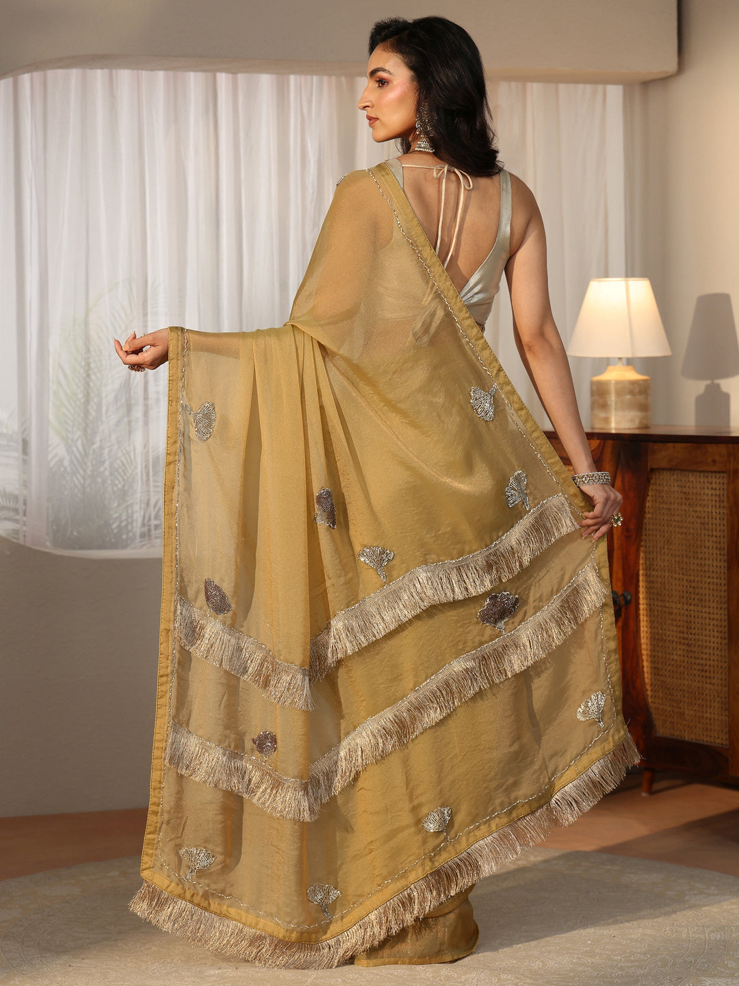  Libas Henna Green Tissue Saree with Tassel Embellished Pallu 