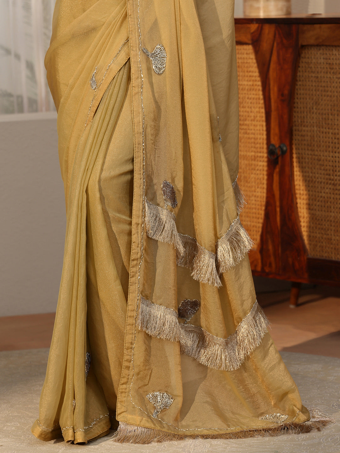  Libas Henna Green Tissue Saree with Tassel Embellished Pallu 