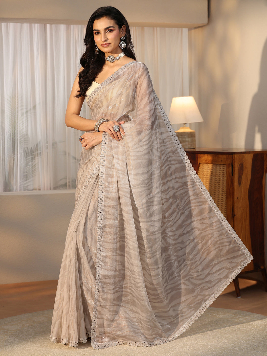  Libas Off White Wavy Textured Tissue Saree 
