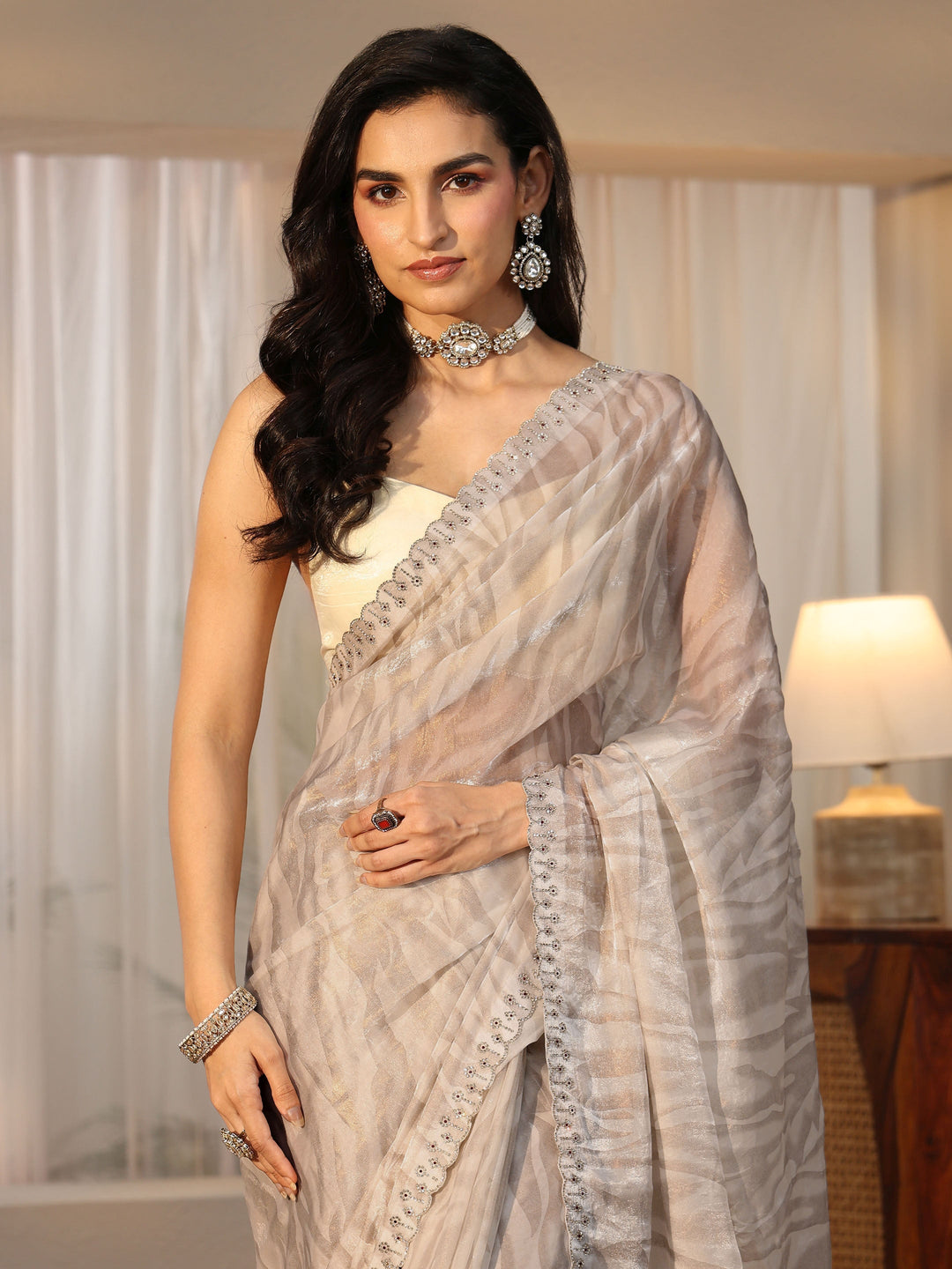  Libas Off White Wavy Textured Tissue Saree 