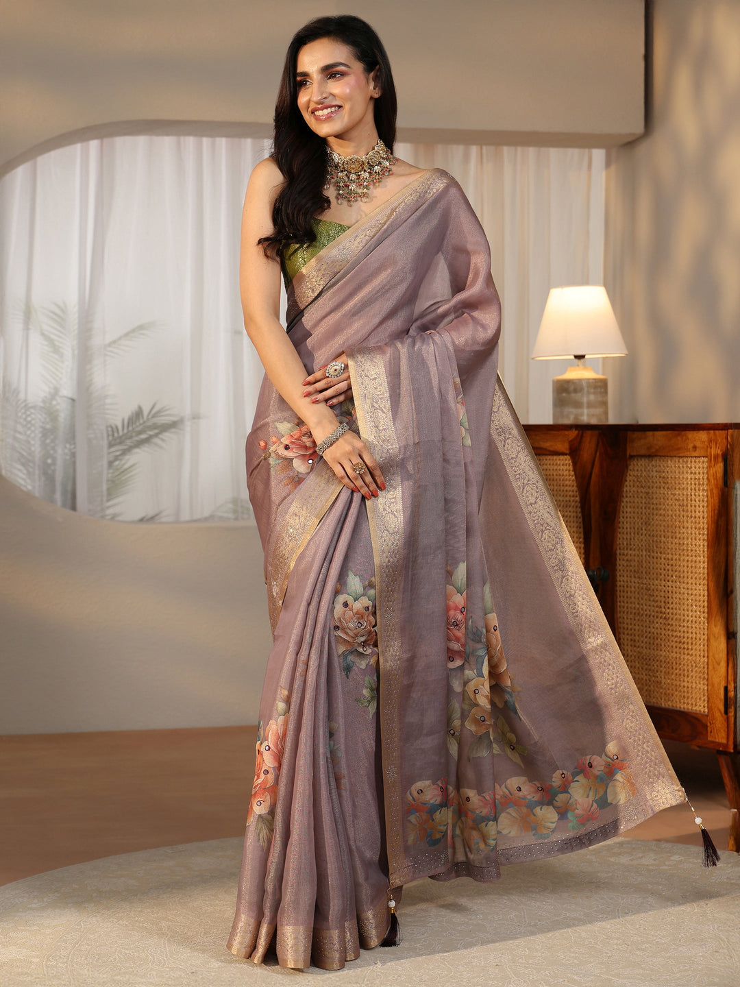  Libas Lavender Floral Printed Silk Blend Saree with Woven Border 