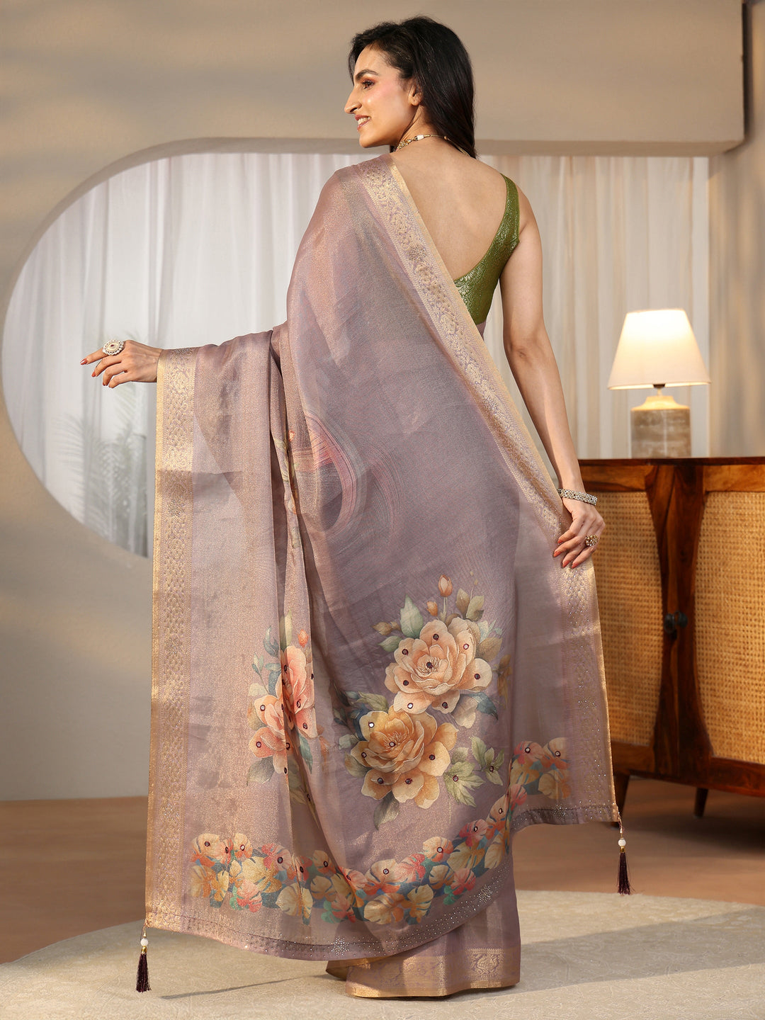  Libas Lavender Floral Printed Silk Blend Saree with Woven Border 