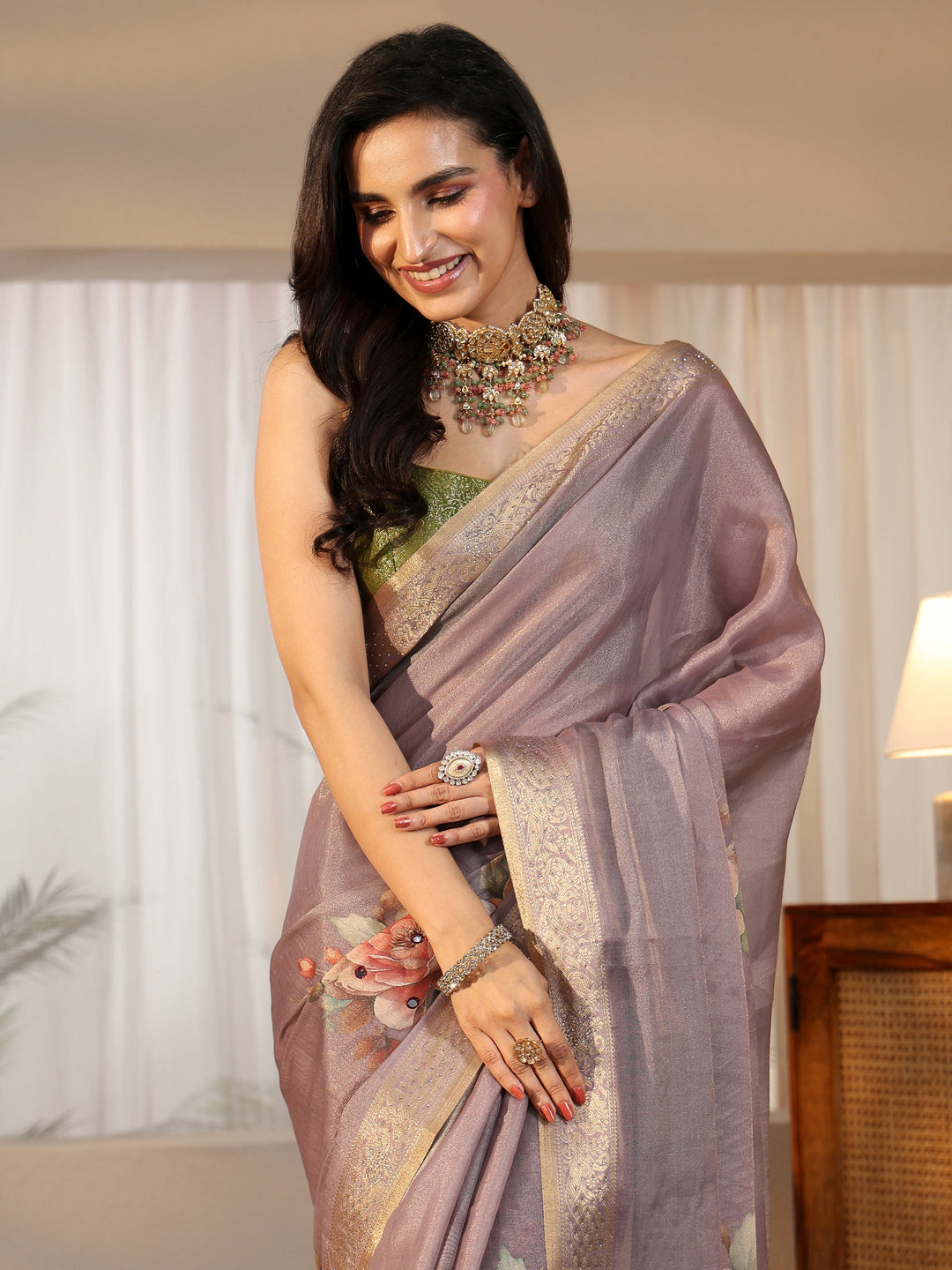  Libas Lavender Floral Printed Silk Blend Saree with Woven Border 