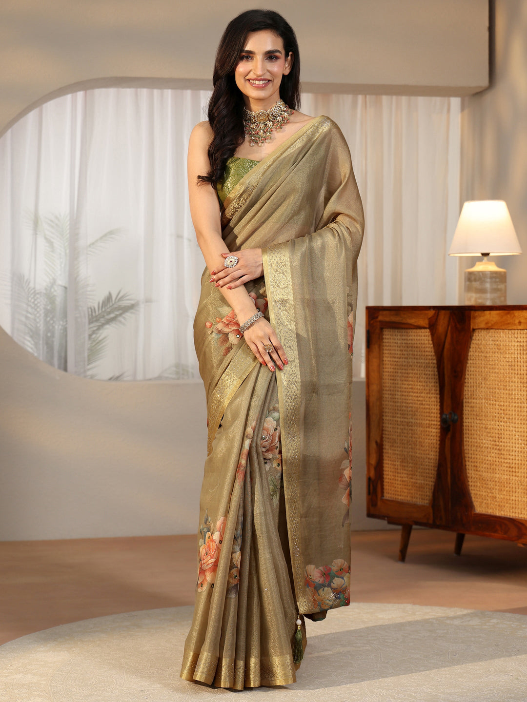  Libas Dusty Olive Green Floral Printed Silk Blend Saree with Woven Border 