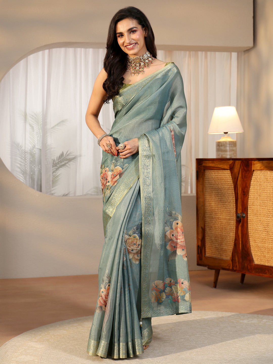 Libas Dusty Aqua Blue Floral Printed Silk Blend Saree with Woven Border 