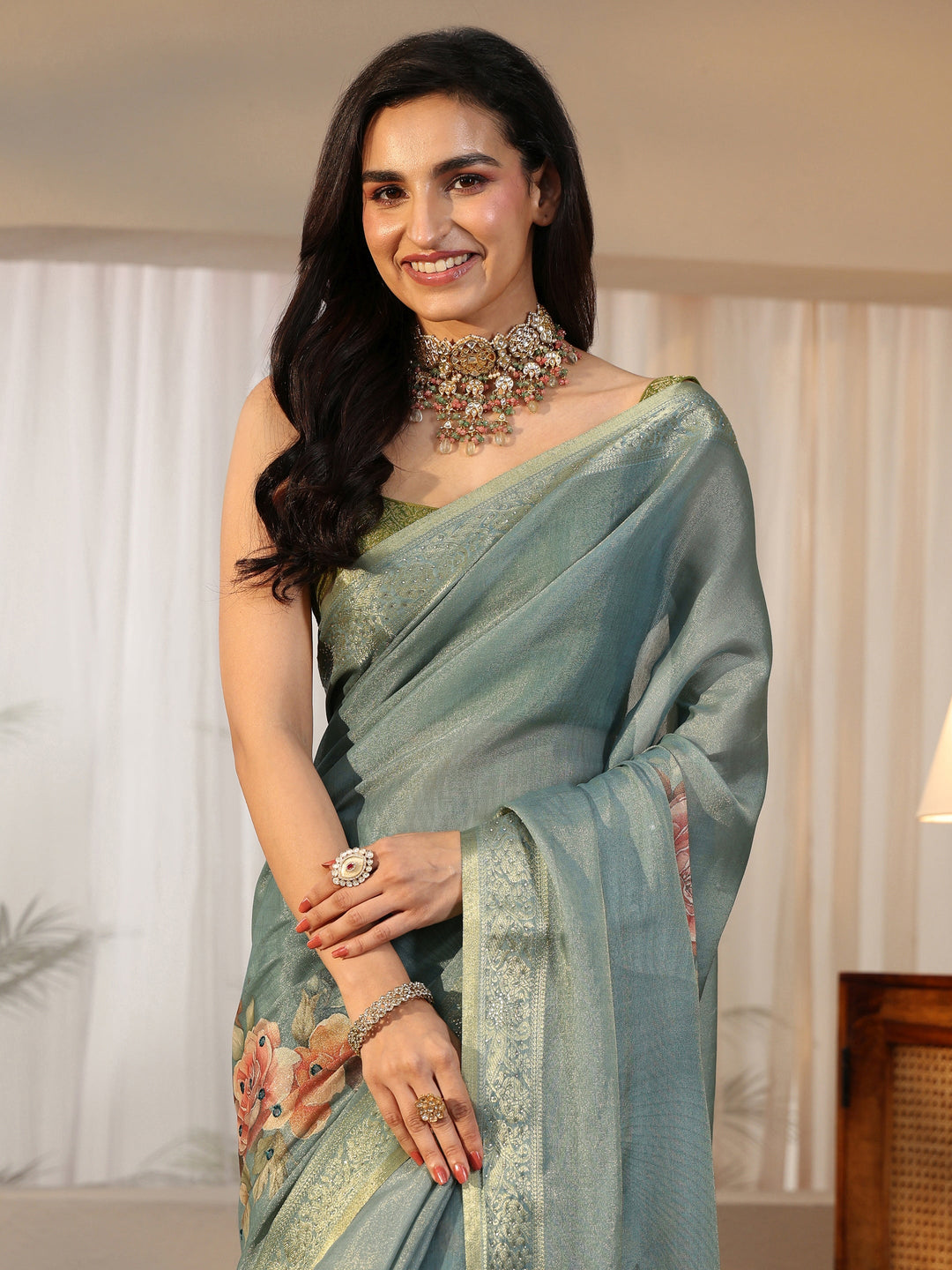  Libas Dusty Aqua Blue Floral Printed Silk Blend Saree with Woven Border 