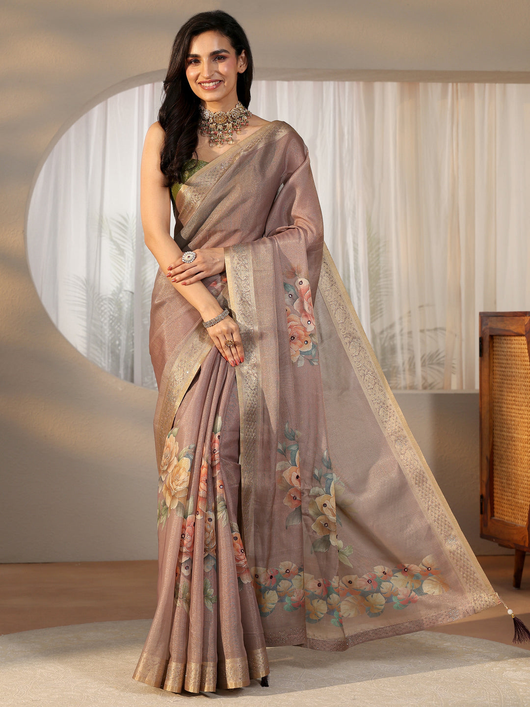  Libas Mauve Floral Printed Silk Blend Saree with Woven Border 
