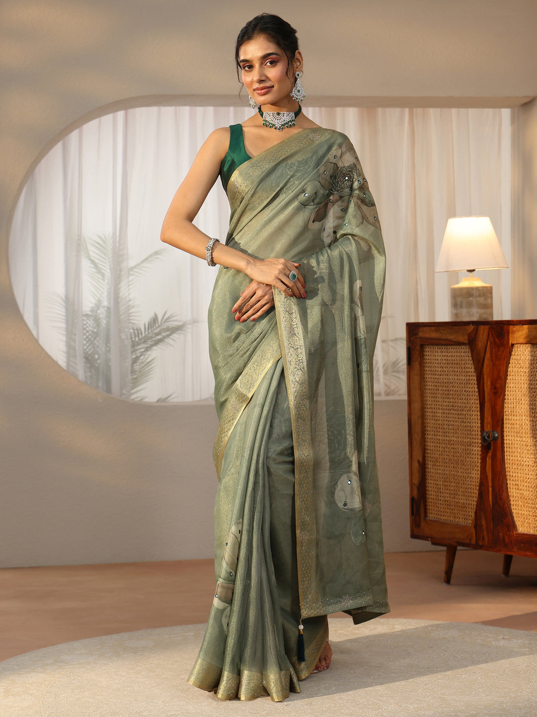  Libas Sage Green Floral Printed Silk Blend Saree with Woven Border 