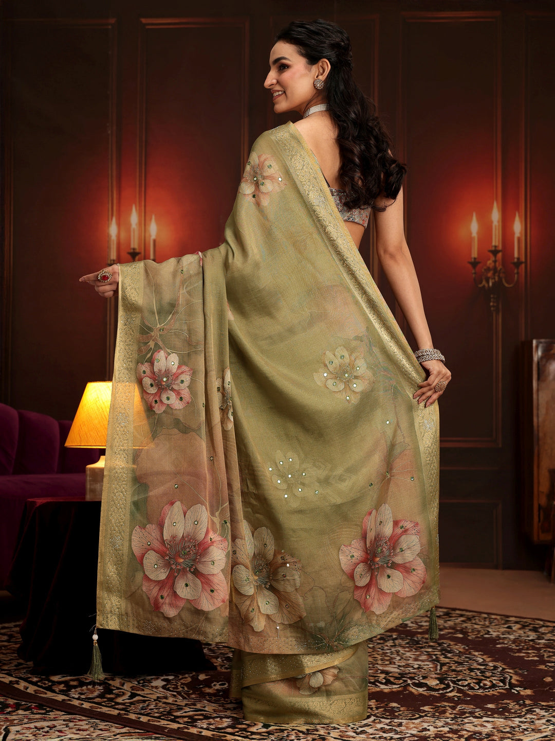  Libas Dusty Olive Green Floral Printed Silk Blend Saree 