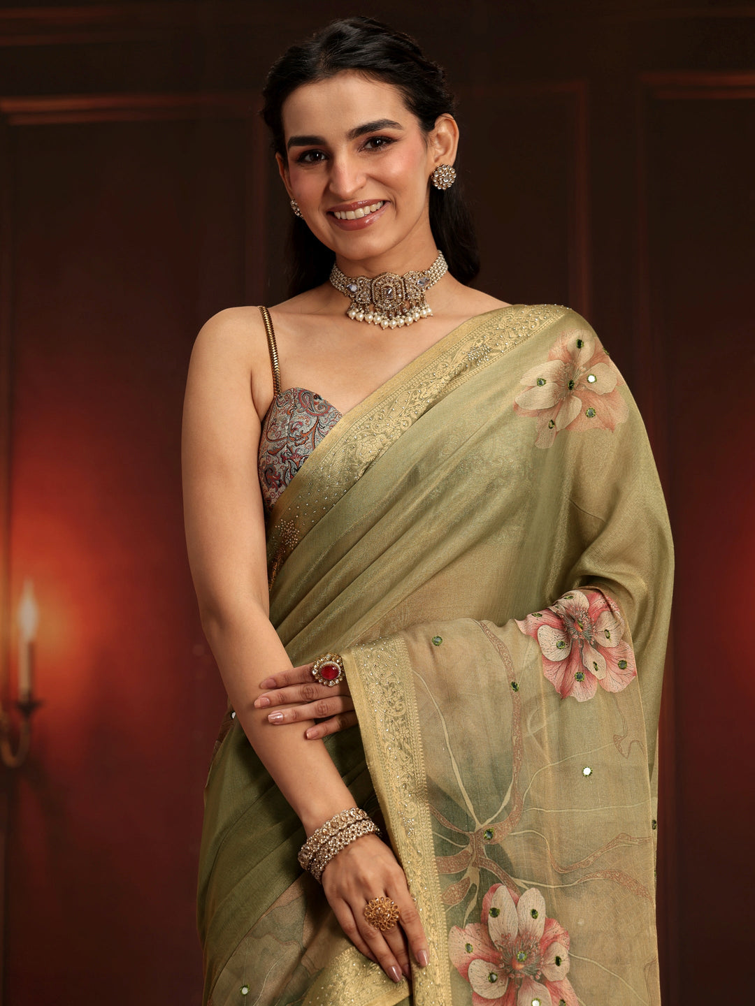  Libas Dusty Olive Green Floral Printed Silk Blend Saree 